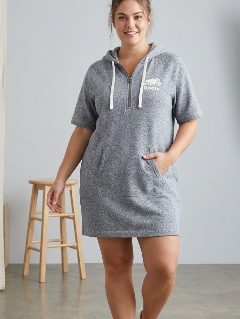 Roots Women's Grey Hooded Short-sleeved Sweatshirt Dress